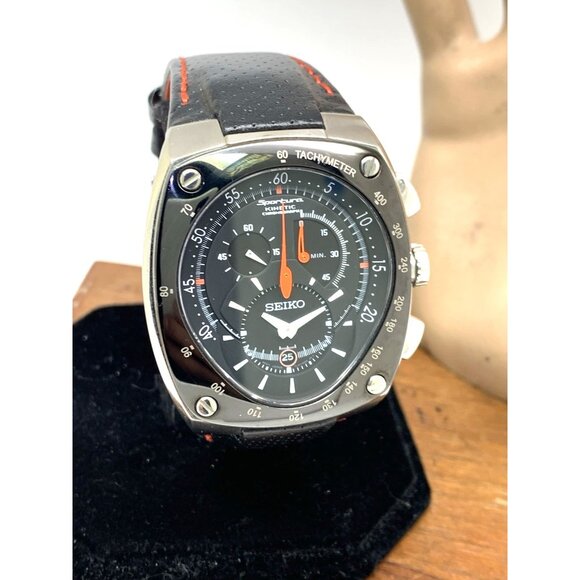 Seiko Sportura Men's Watch 7L22-0AD0 Kinetic Chronograph Black Orange Leather - Picture 14 of 15